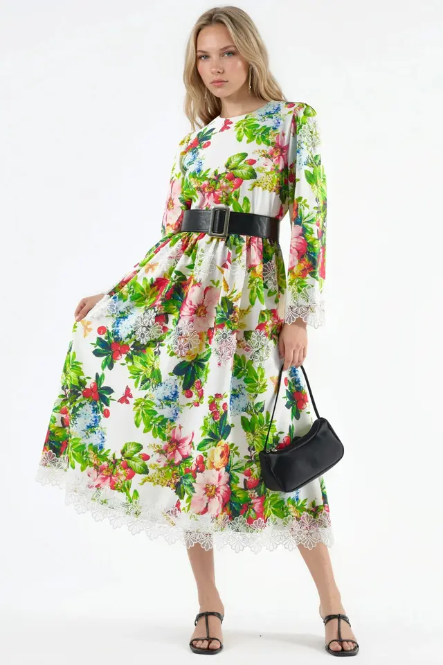 MSN Floral Belted A-Line Midi Dress