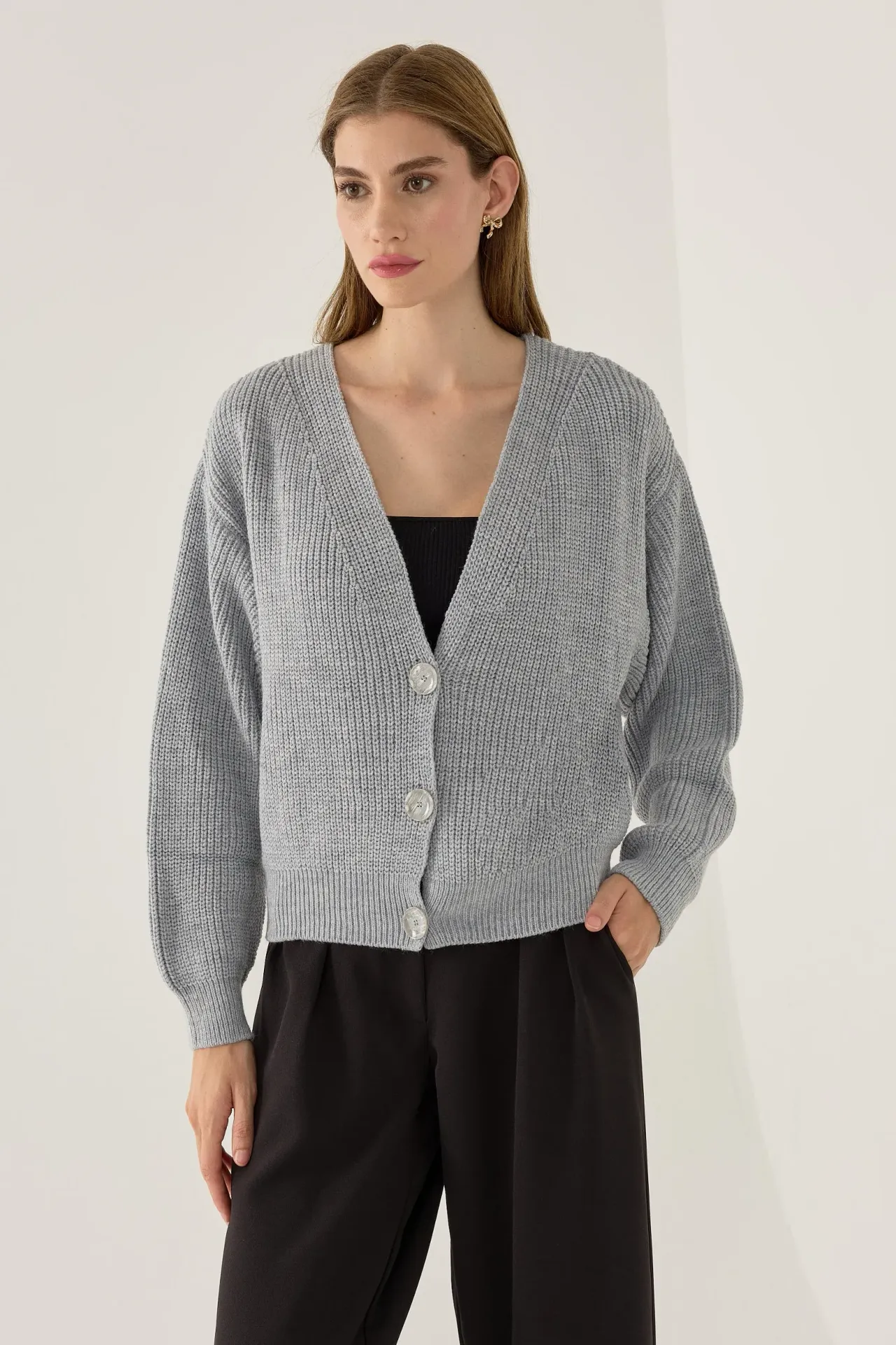 V-Neck Buttoned Knit Cardigan