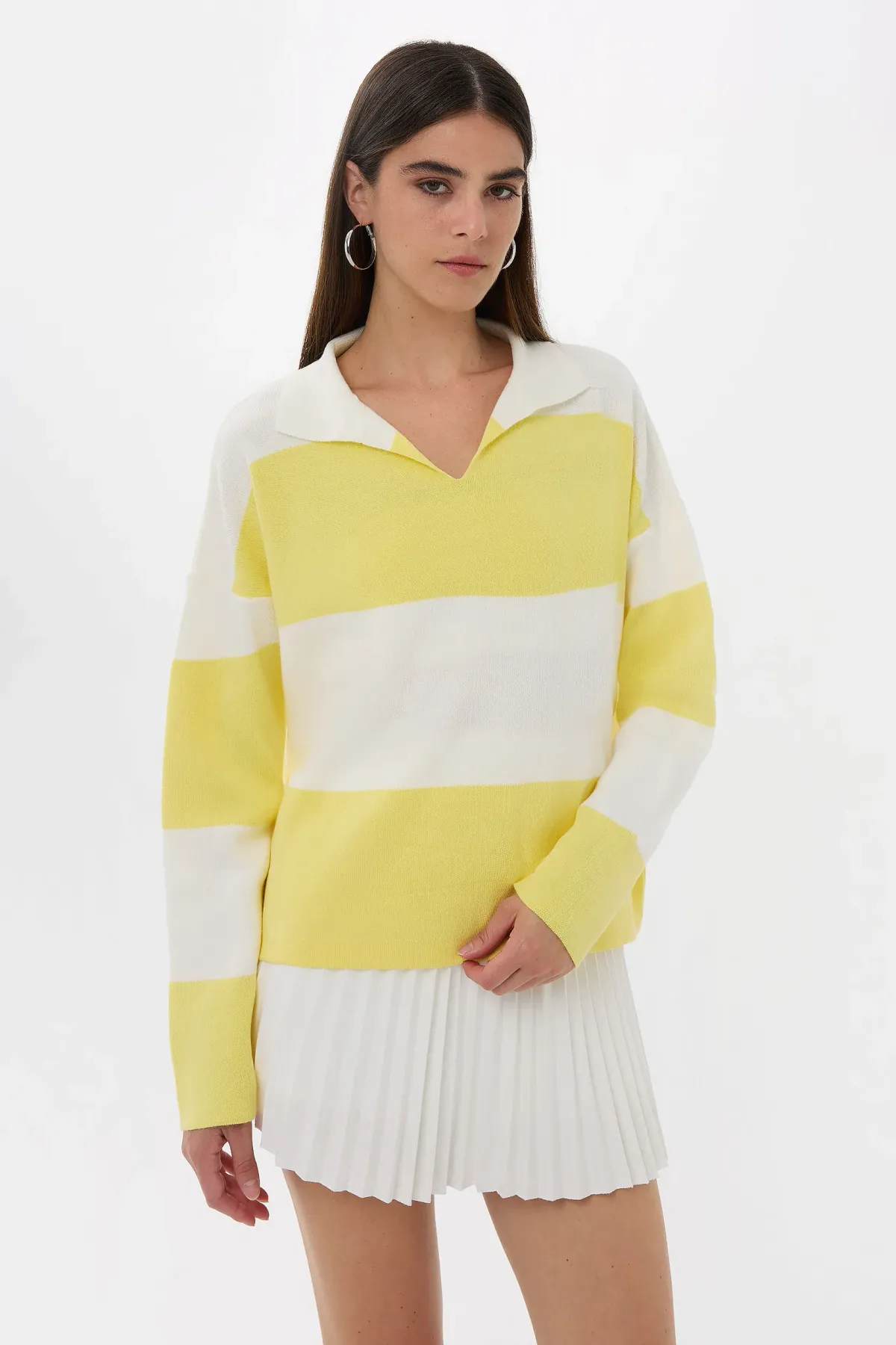 Striped Polo Collar Knit Sweater 1