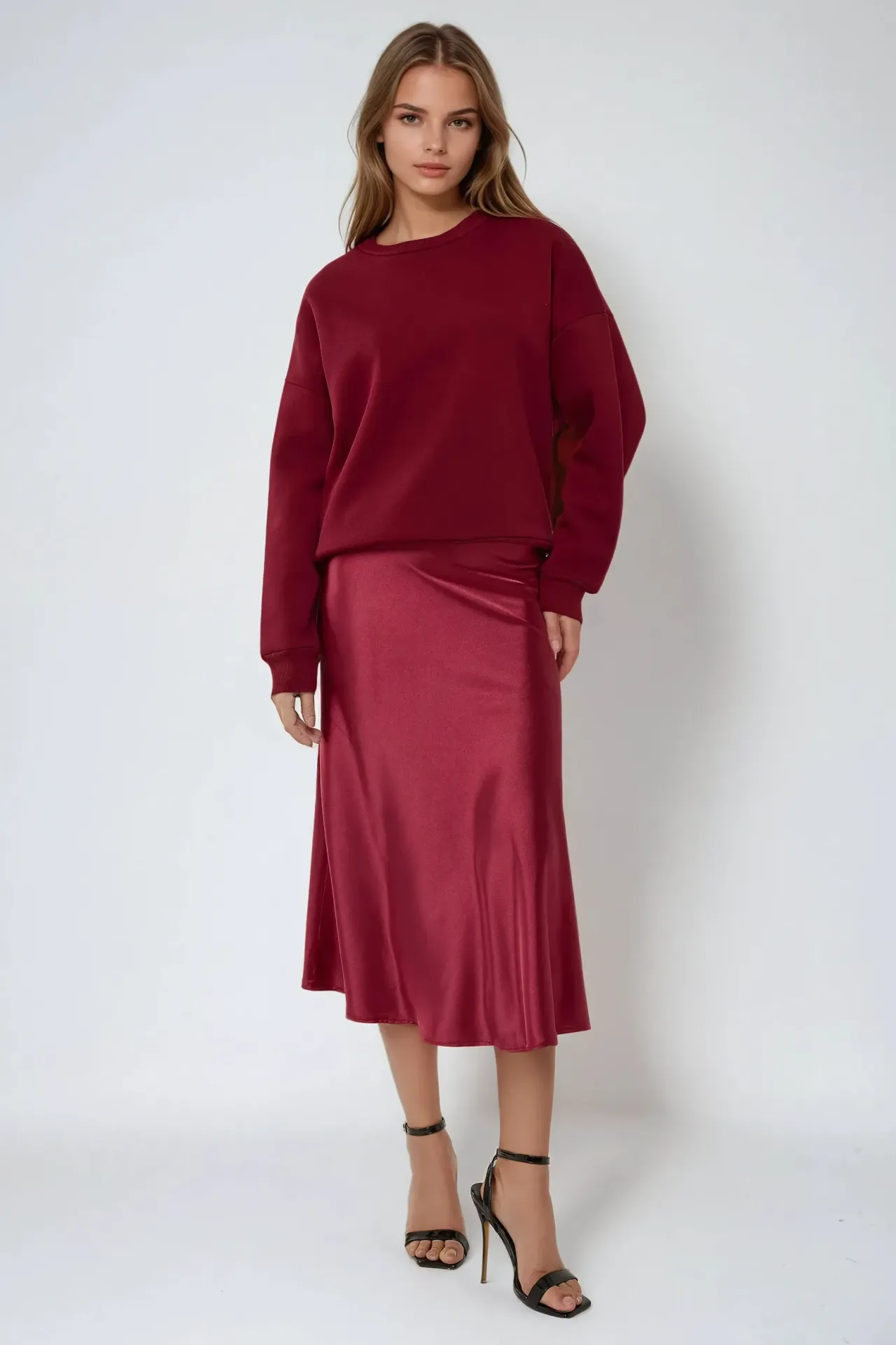 High-Waist Satin Midi Skirt