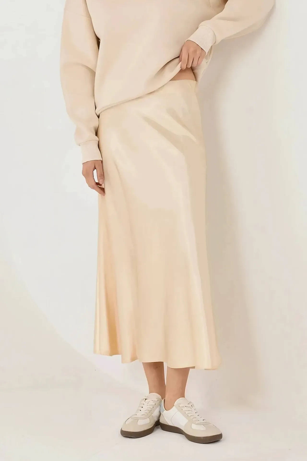 High-Waist Satin Midi Skirt