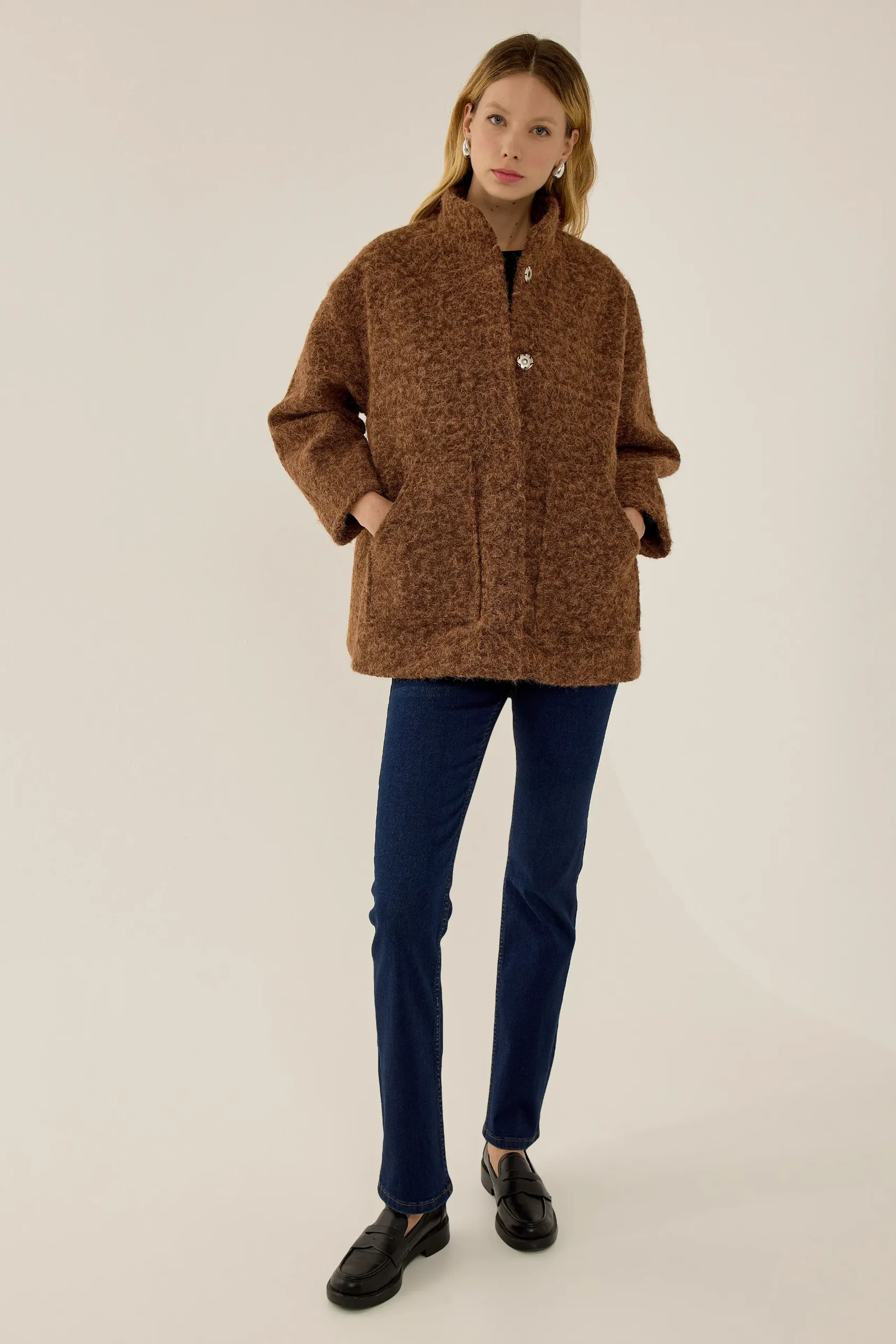 HiCCUP - Chestnut Brown Textured Oversized Buttoned Jacket Women