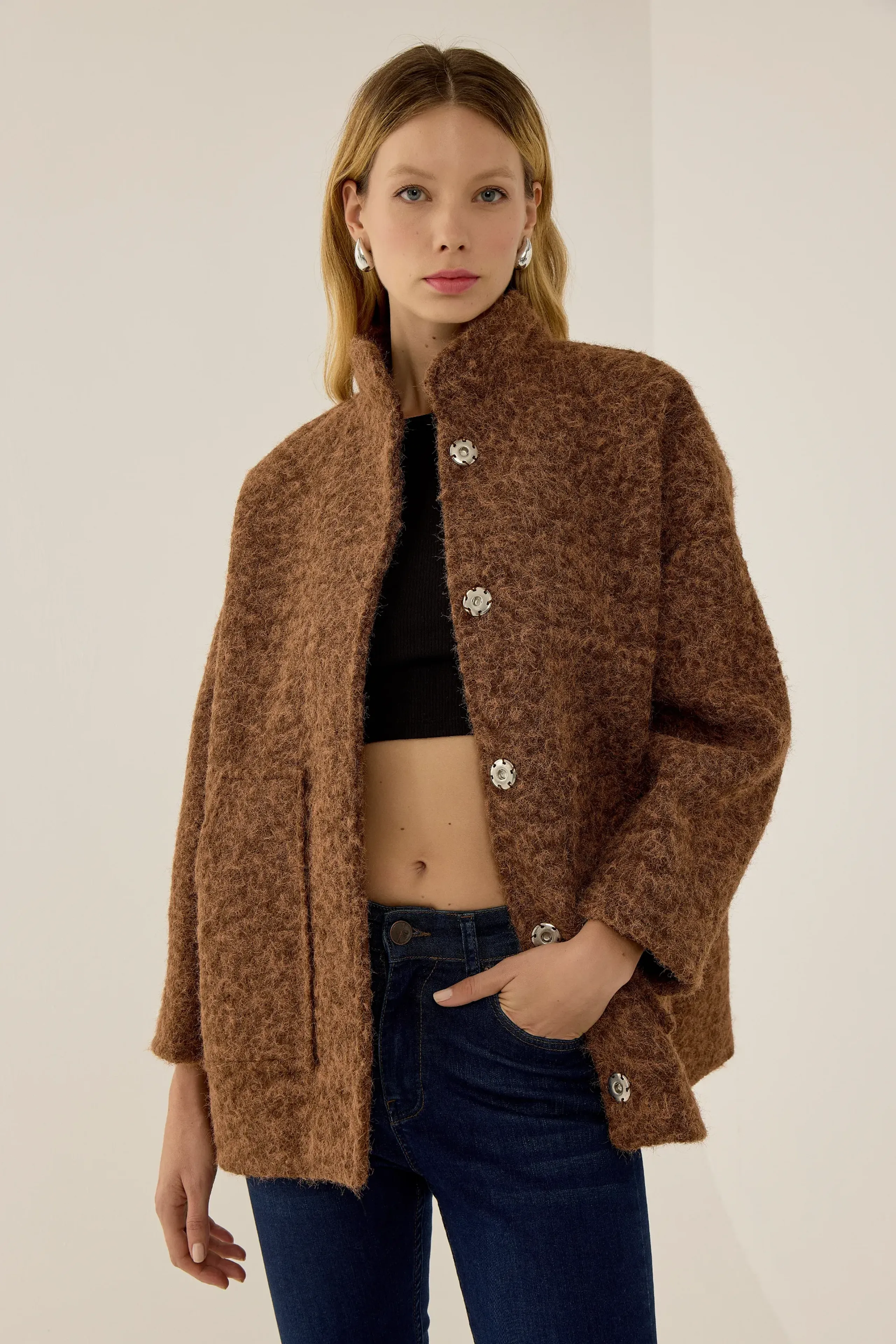 HiCCUP - Chestnut Brown Textured Oversized Buttoned Jacket Women