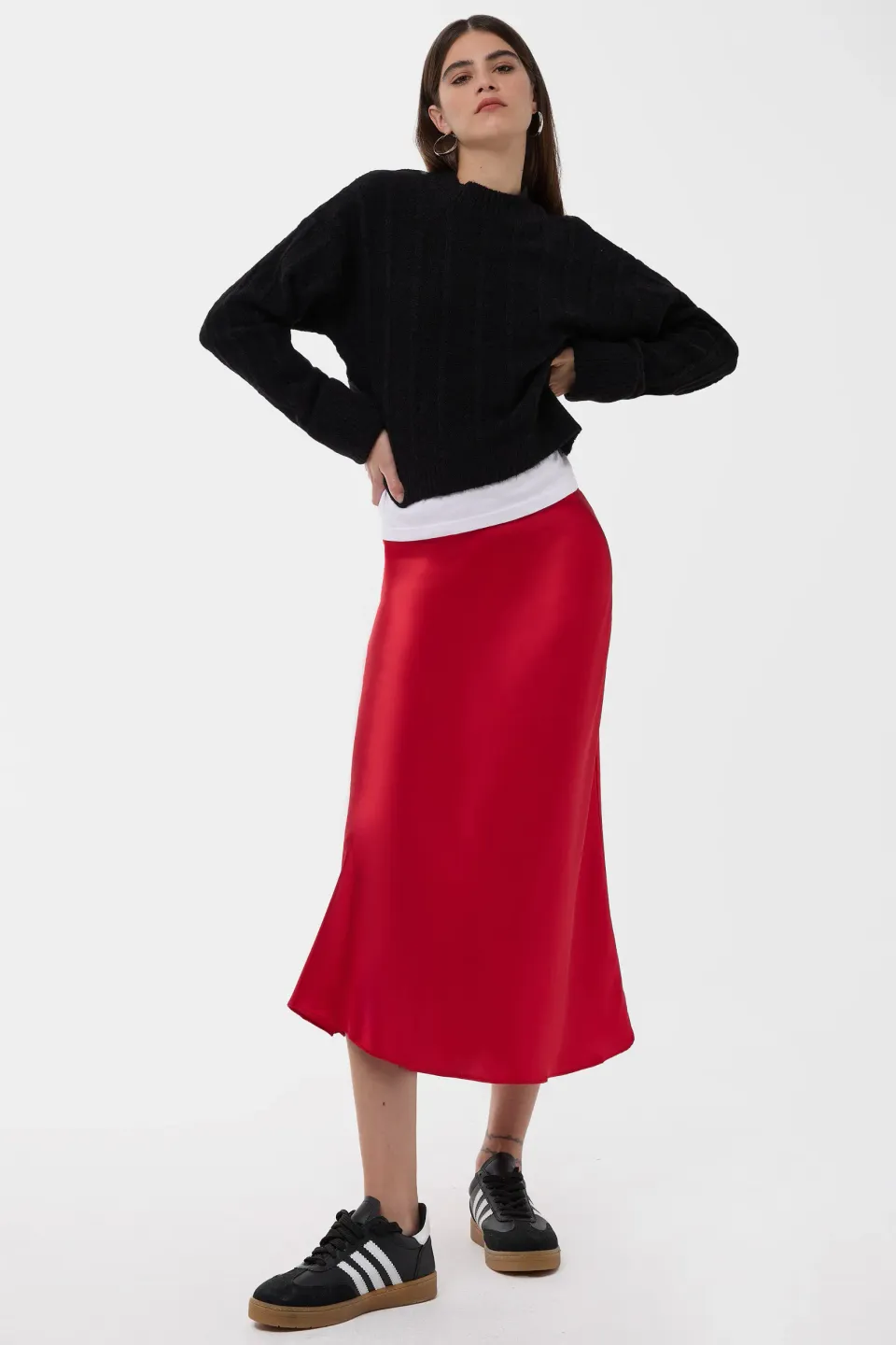 High-Waist Satin Midi Skirt