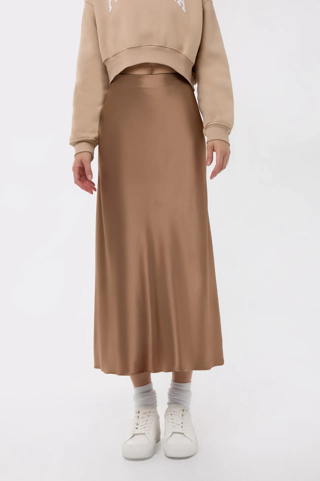 High-Waist Satin Midi Skirt