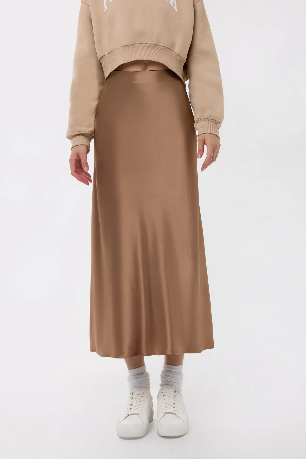 Yüksek Bel Saten Midi Etek 2