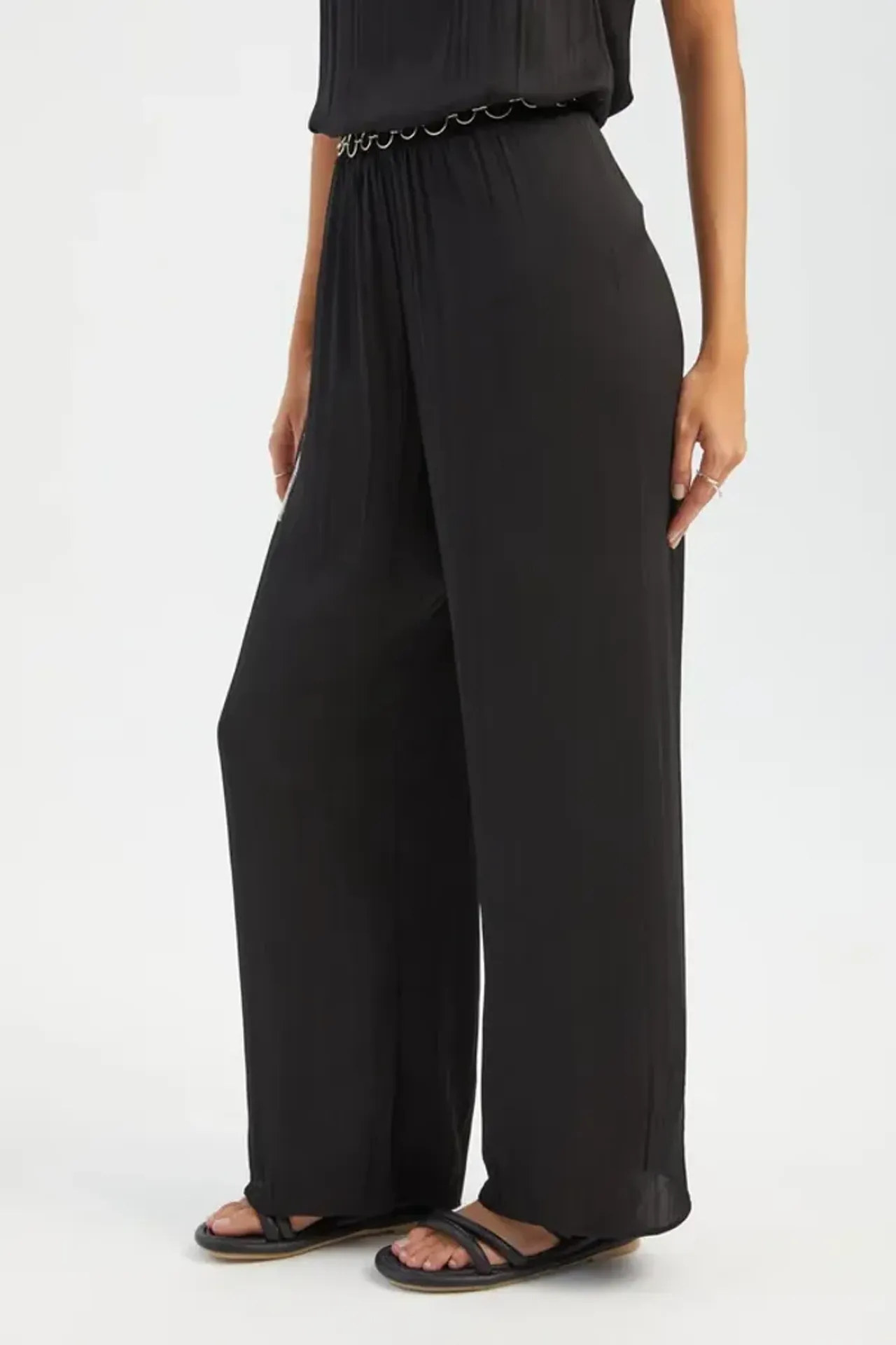 Plisse High Waist Straight Leg Trousers