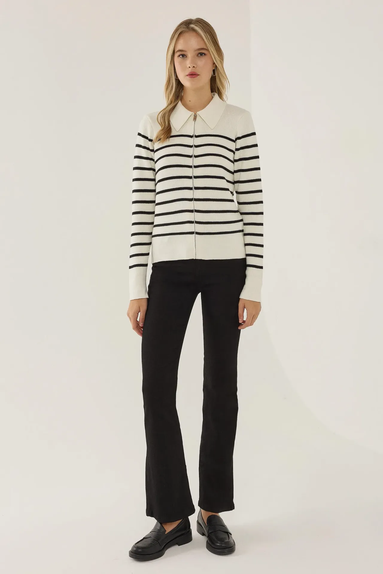 Striped Zipper Cardigan with Shirt Collar