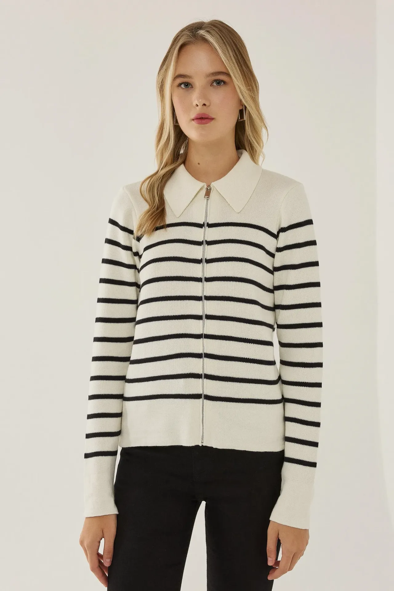 Striped Zipper Cardigan with Shirt Collar