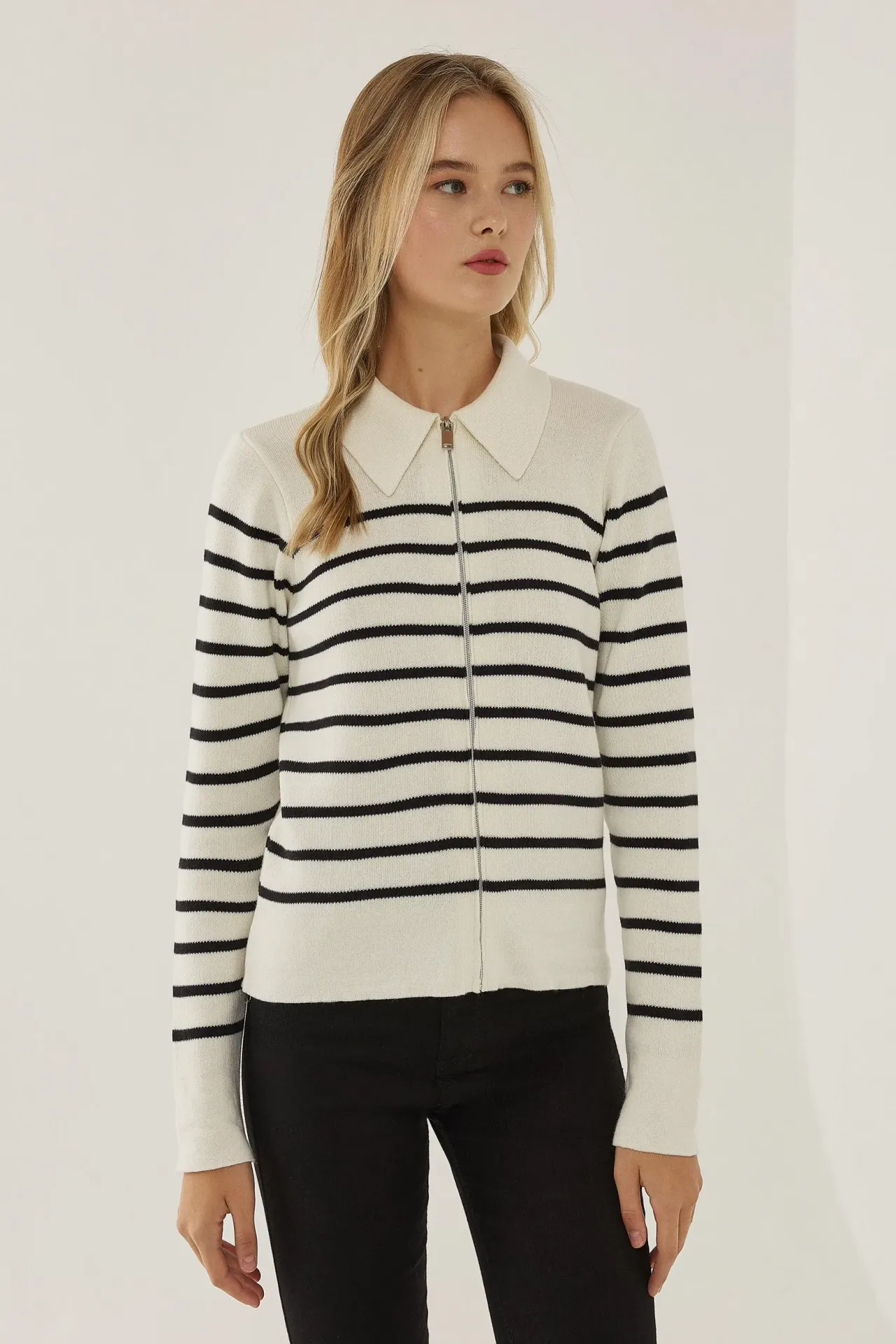 Striped Zipper Cardigan with Shirt Collar