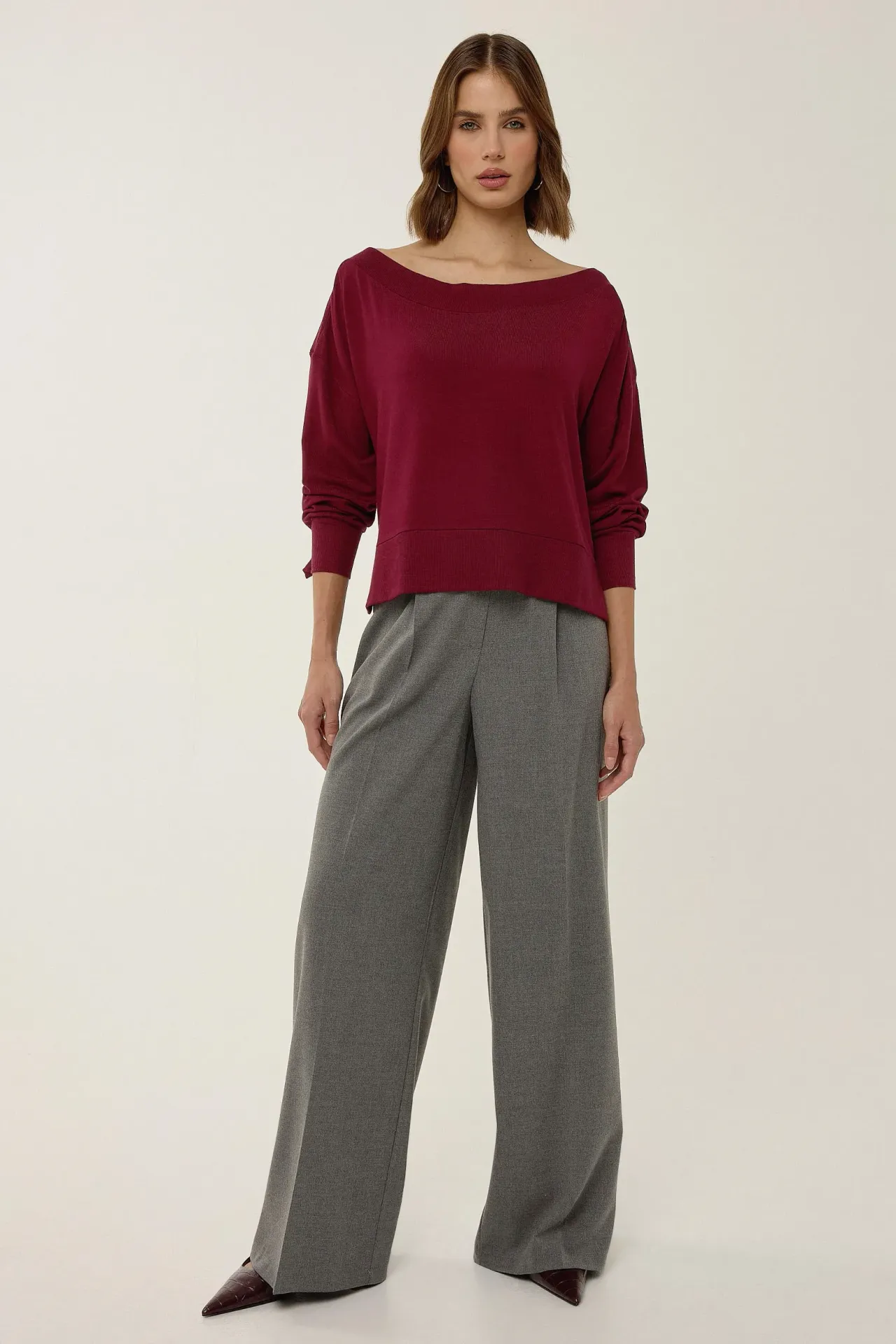 Ribbed Boat Neck Blouse with Drop Sleeves