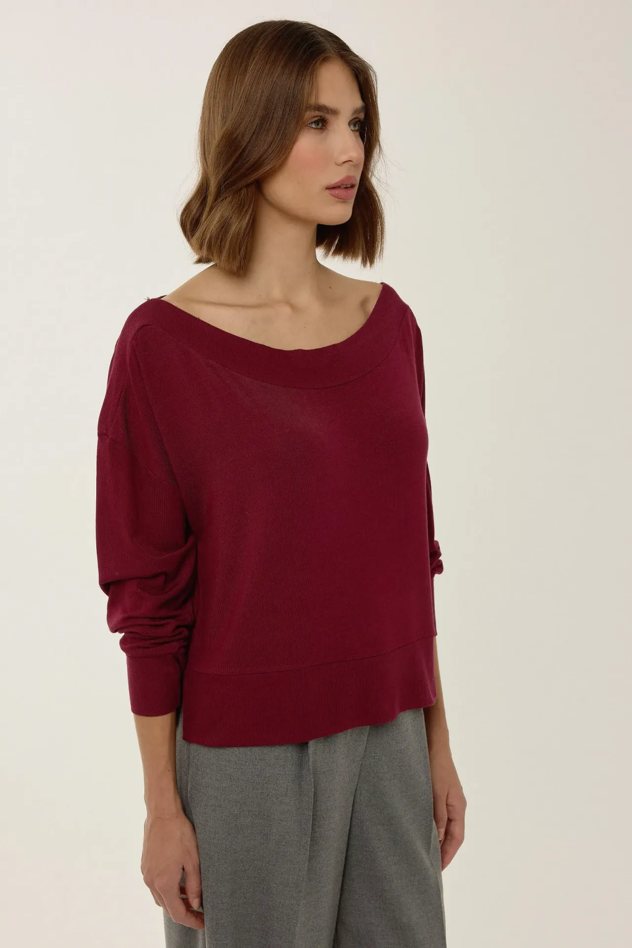 Ribbed Boat Neck Blouse with Drop Sleeves