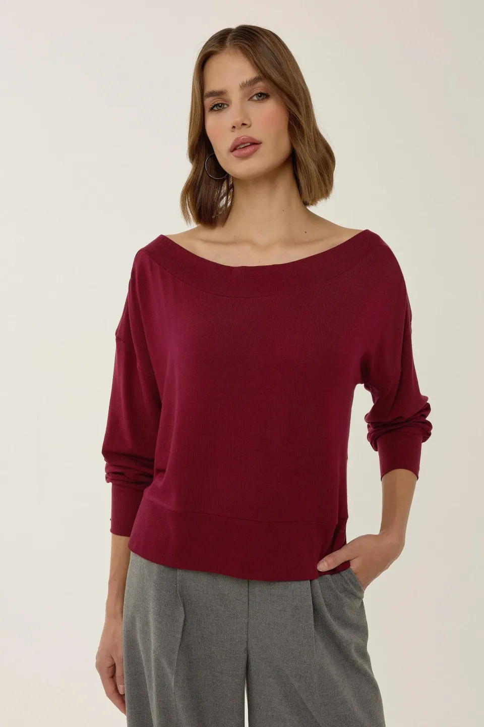 Ribbed Boat Neck Blouse with Drop Sleeves