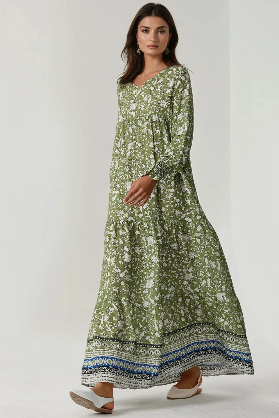 Printed Viscose Maxi Dress with Crew Neck