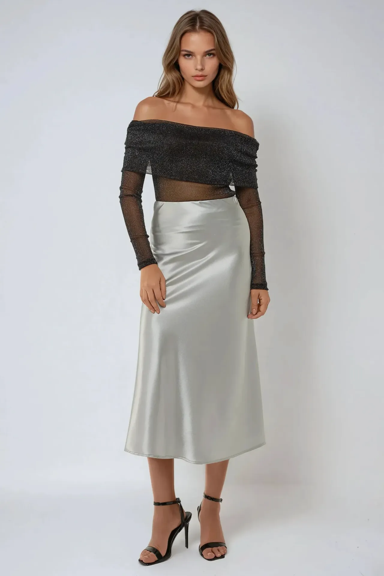 High-Waist Satin Midi Skirt