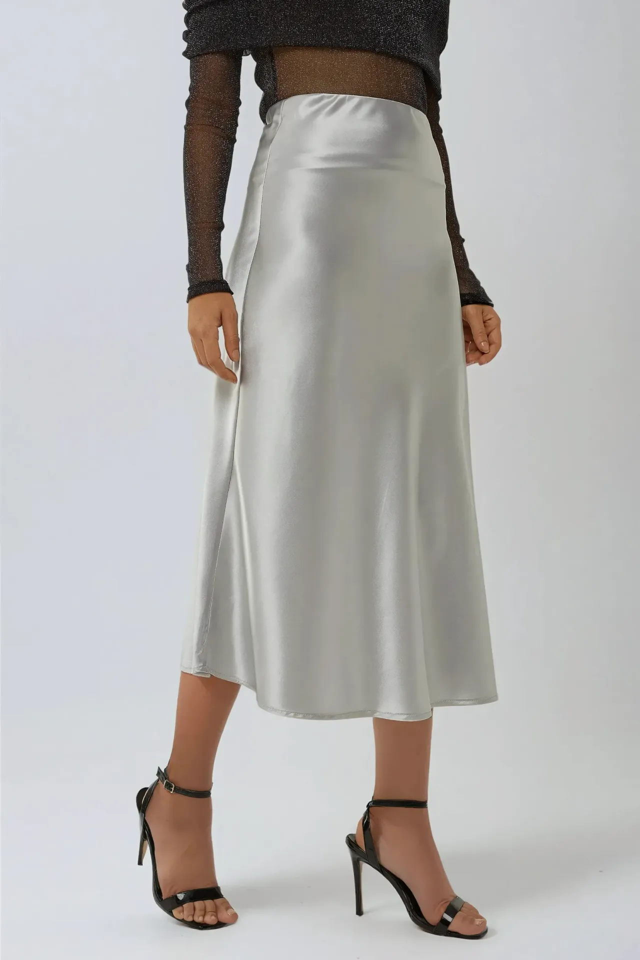 High-Waist Satin Midi Skirt