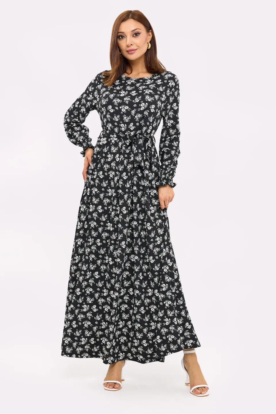 Floral Maxi Dress with Long Sleeves and Tie-Side