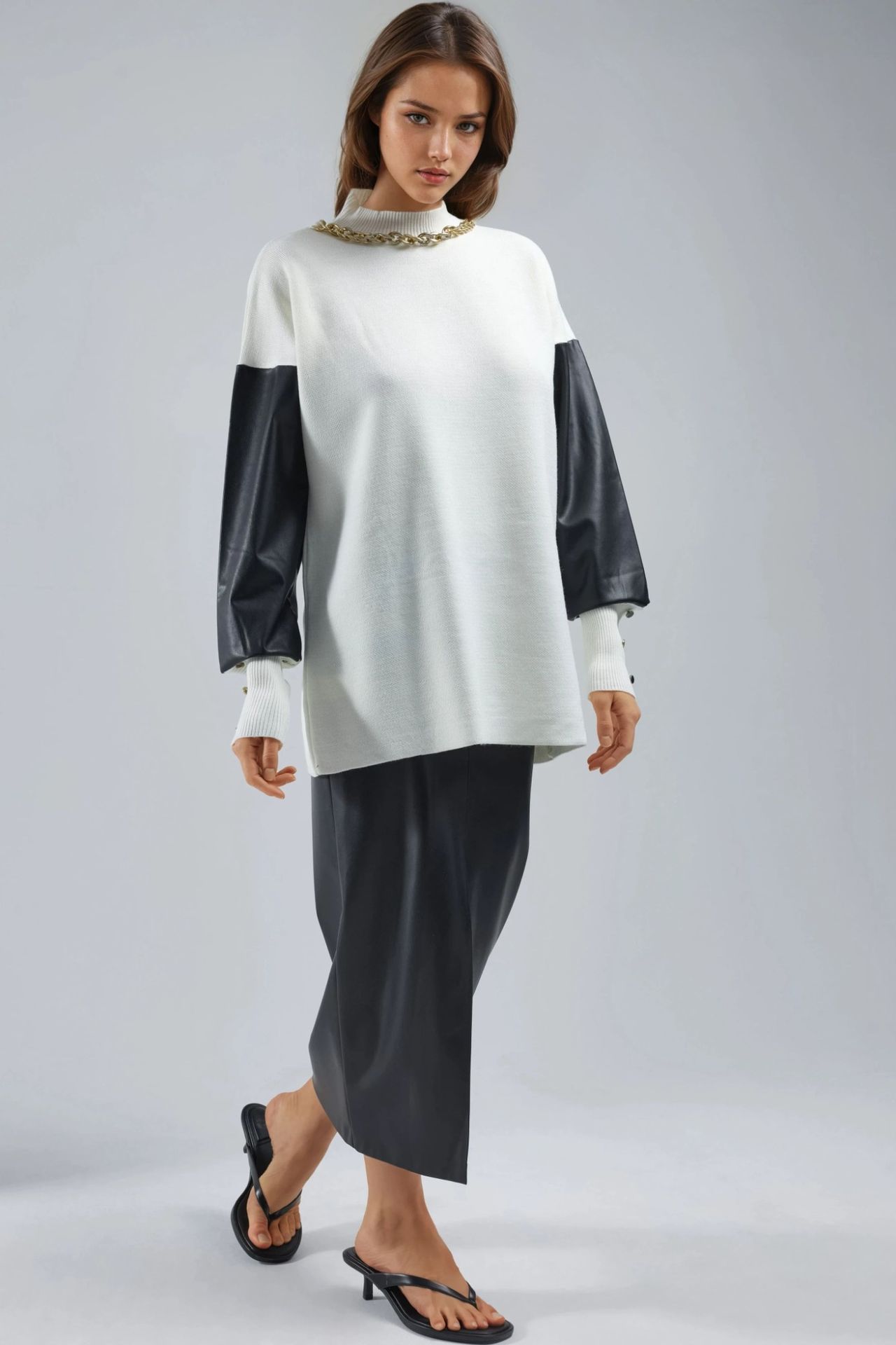 MY FASHION Faux Leather Detailed Sweater 4