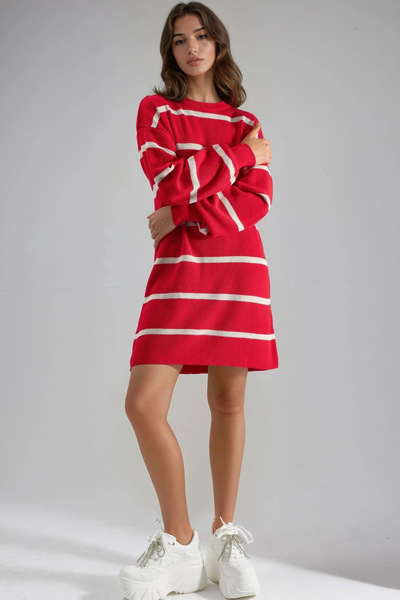 MY FASHION Ribbed Striped Knit Mini Dress with Crew Neck 1