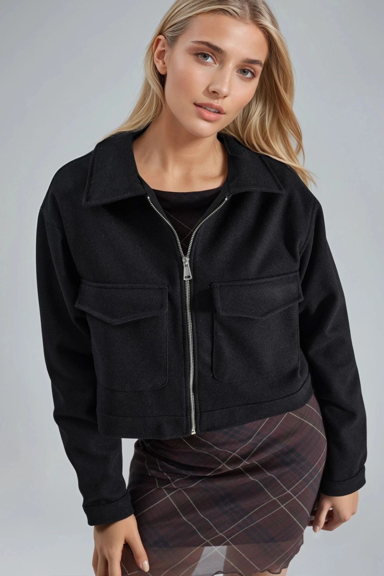 BUSEM Crop Gabardine Jacket with Zipper and Pocket 1