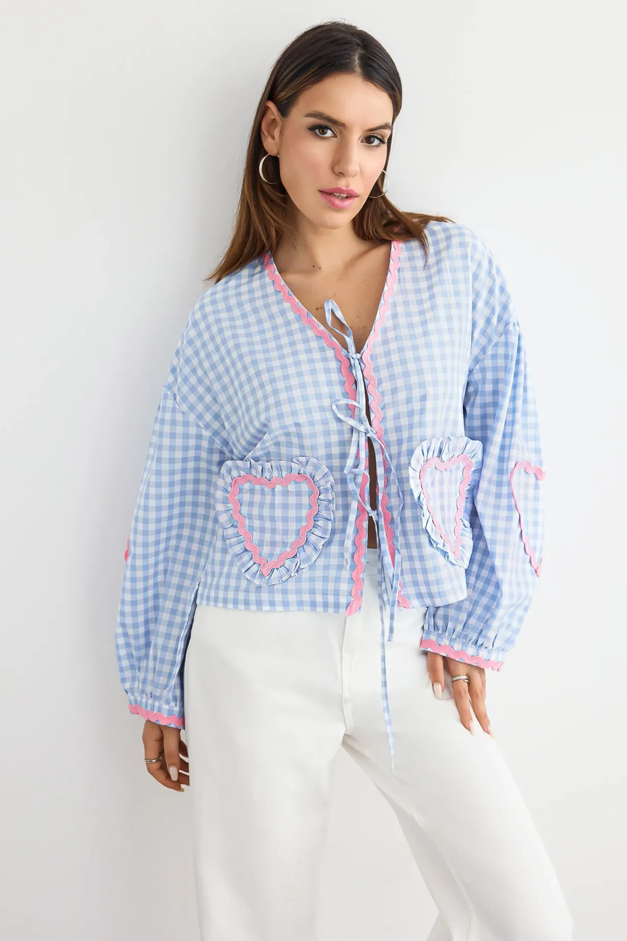 Checked V-Neck Tie-Front Blouse