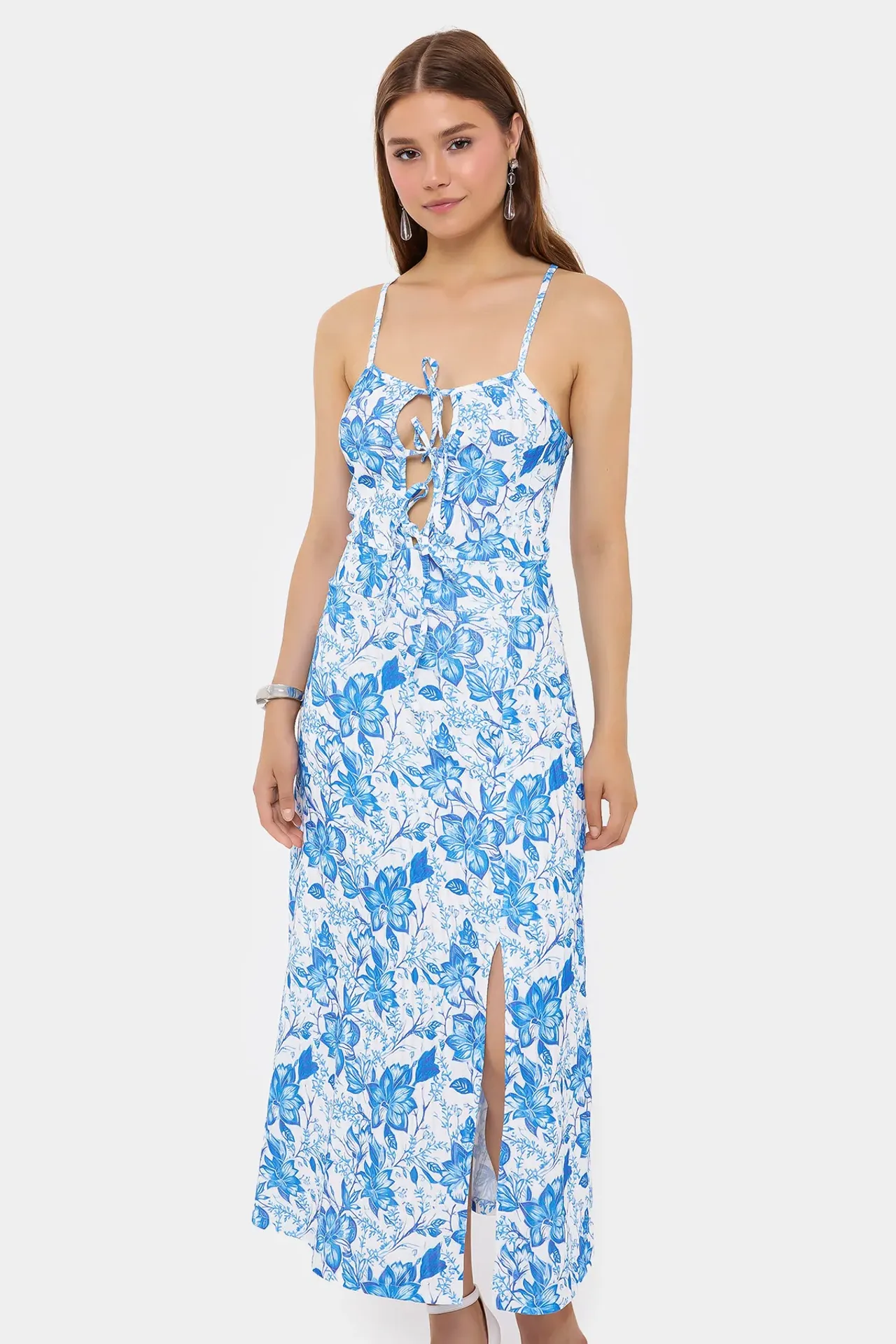 Floral Woven Midi Dress with Tie-Front