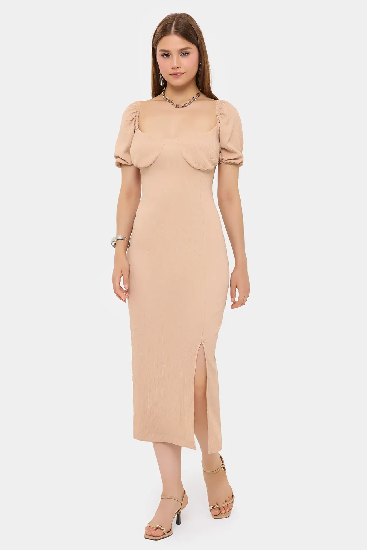 Sweetheart Neck Puff Sleeve Midi Dress with Side Slit