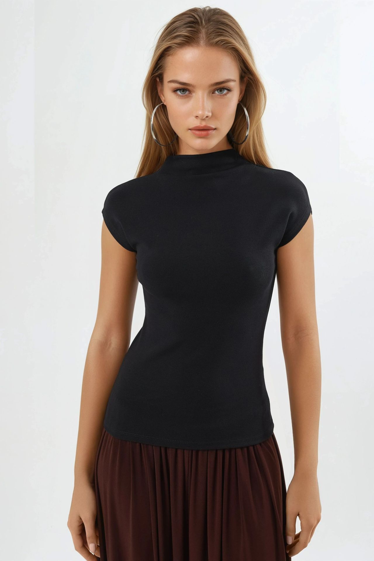 Fitted Mock Neck Cap Sleeve Knitted Blouse