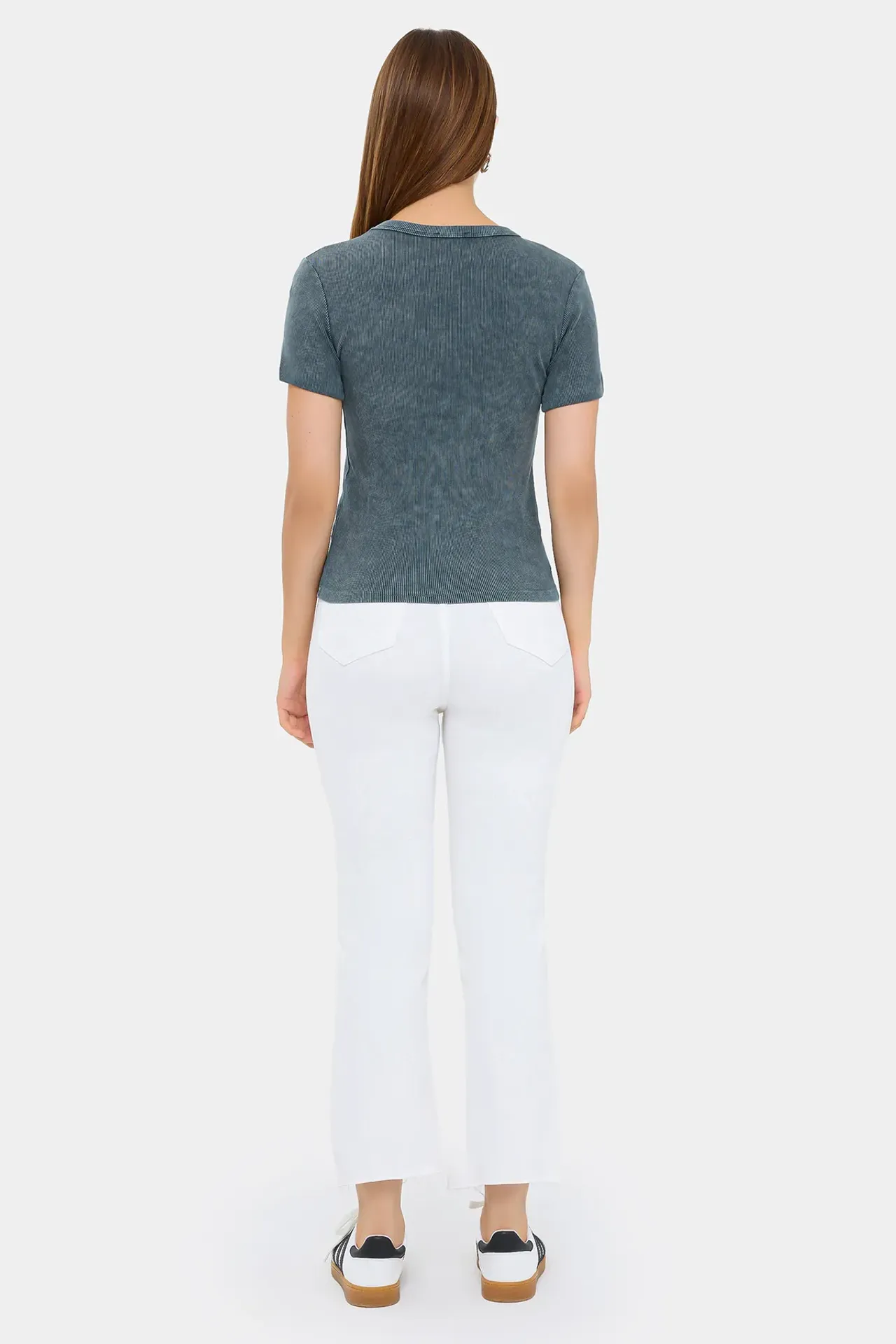 Short Sleeve Acid-Washed T-Shirt with Ribbed Round Neck