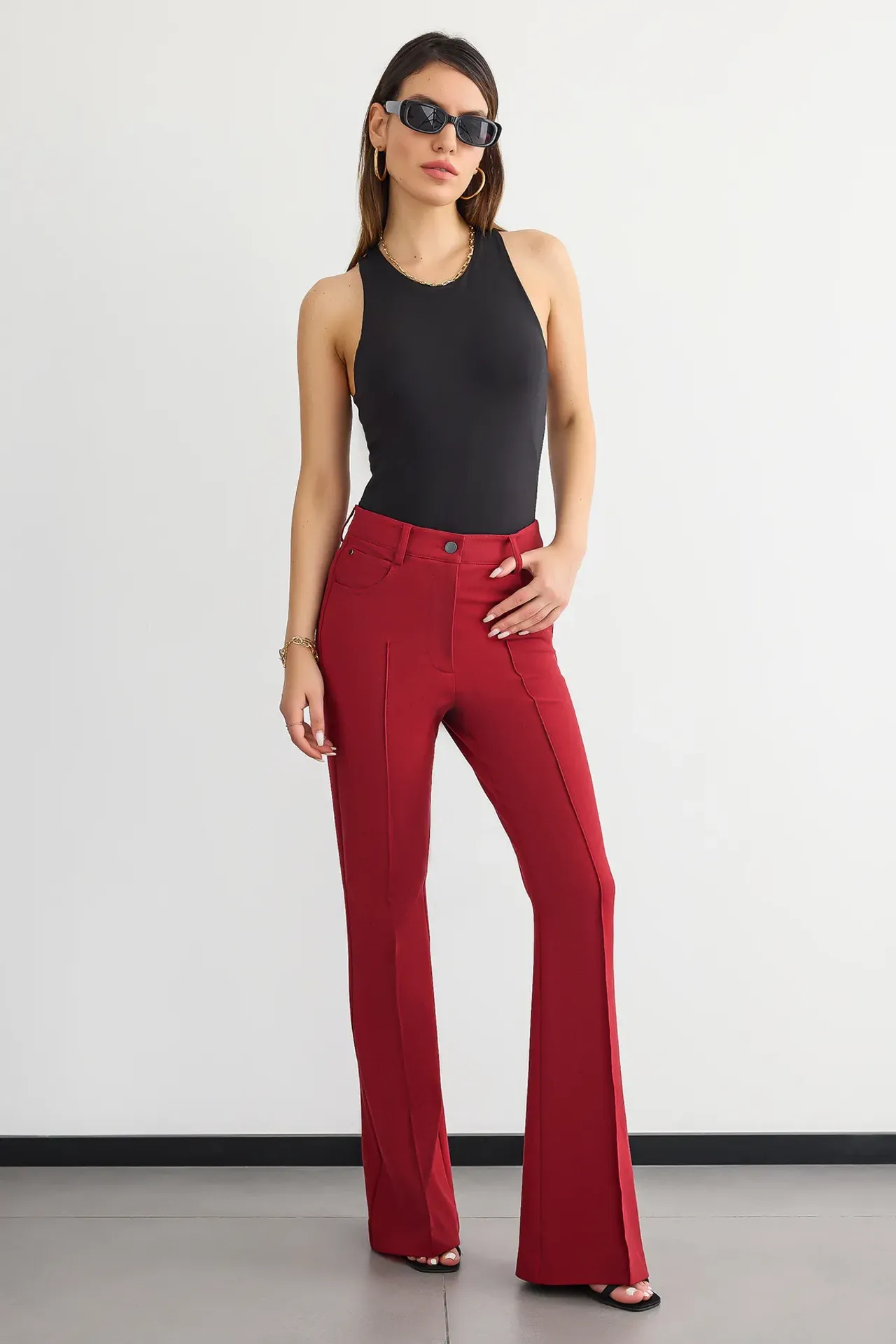 Ribbed Mid Rise Flare Trousers