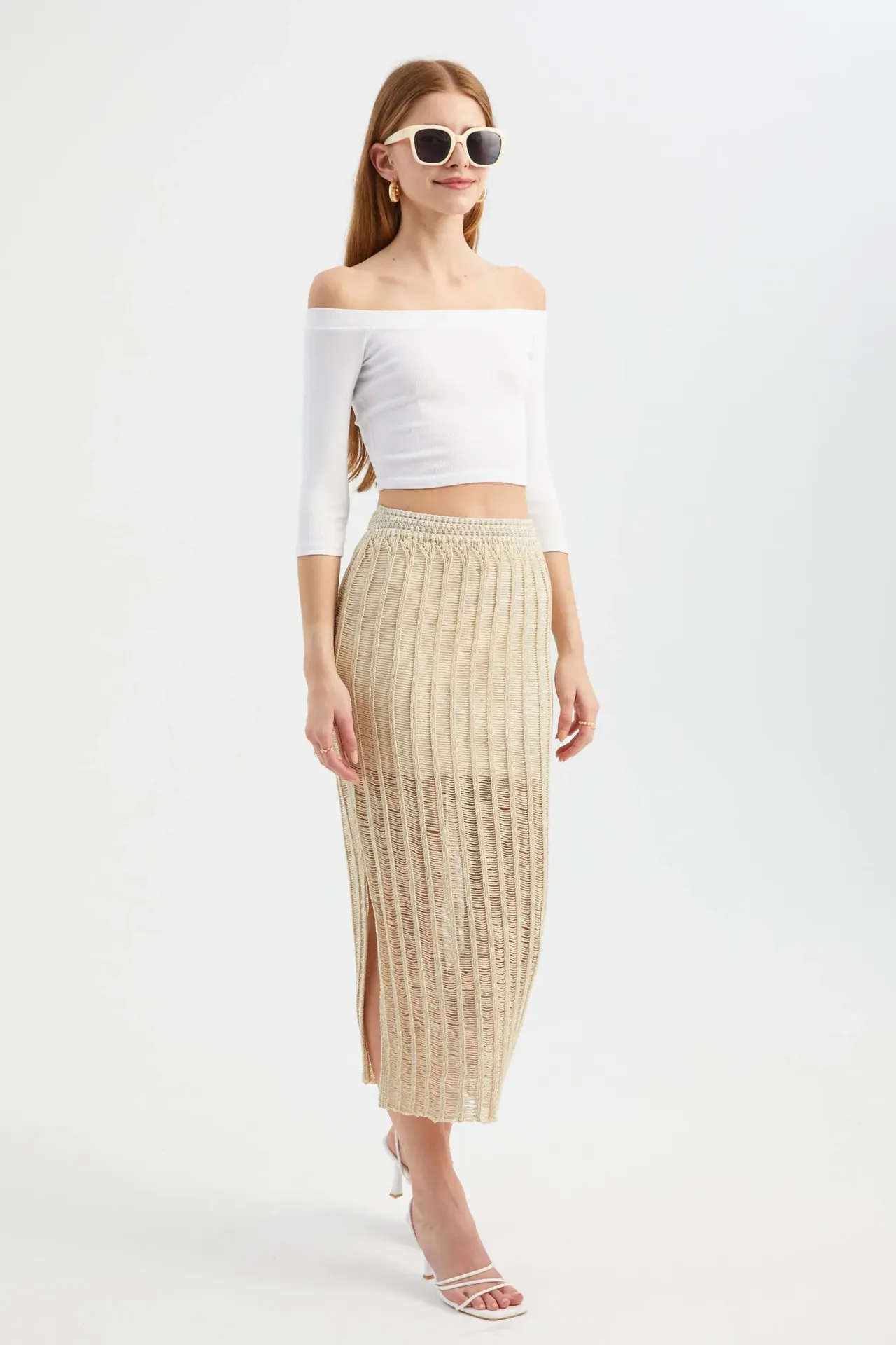 Knitted Openwork High Waist Slit Midi Skirt