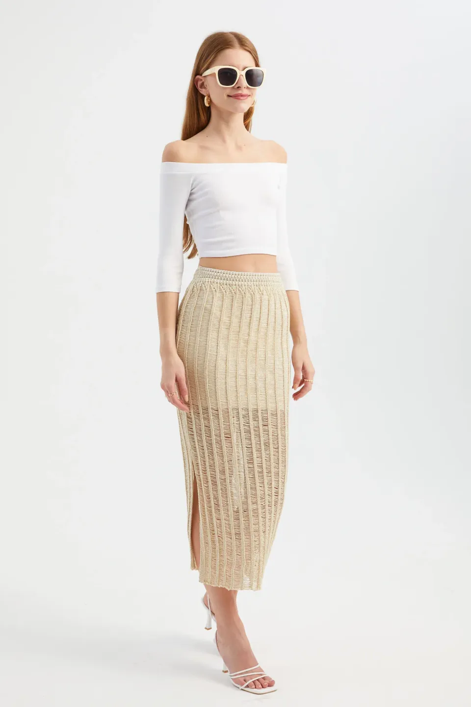Knitted Openwork High Waist Slit Midi Skirt