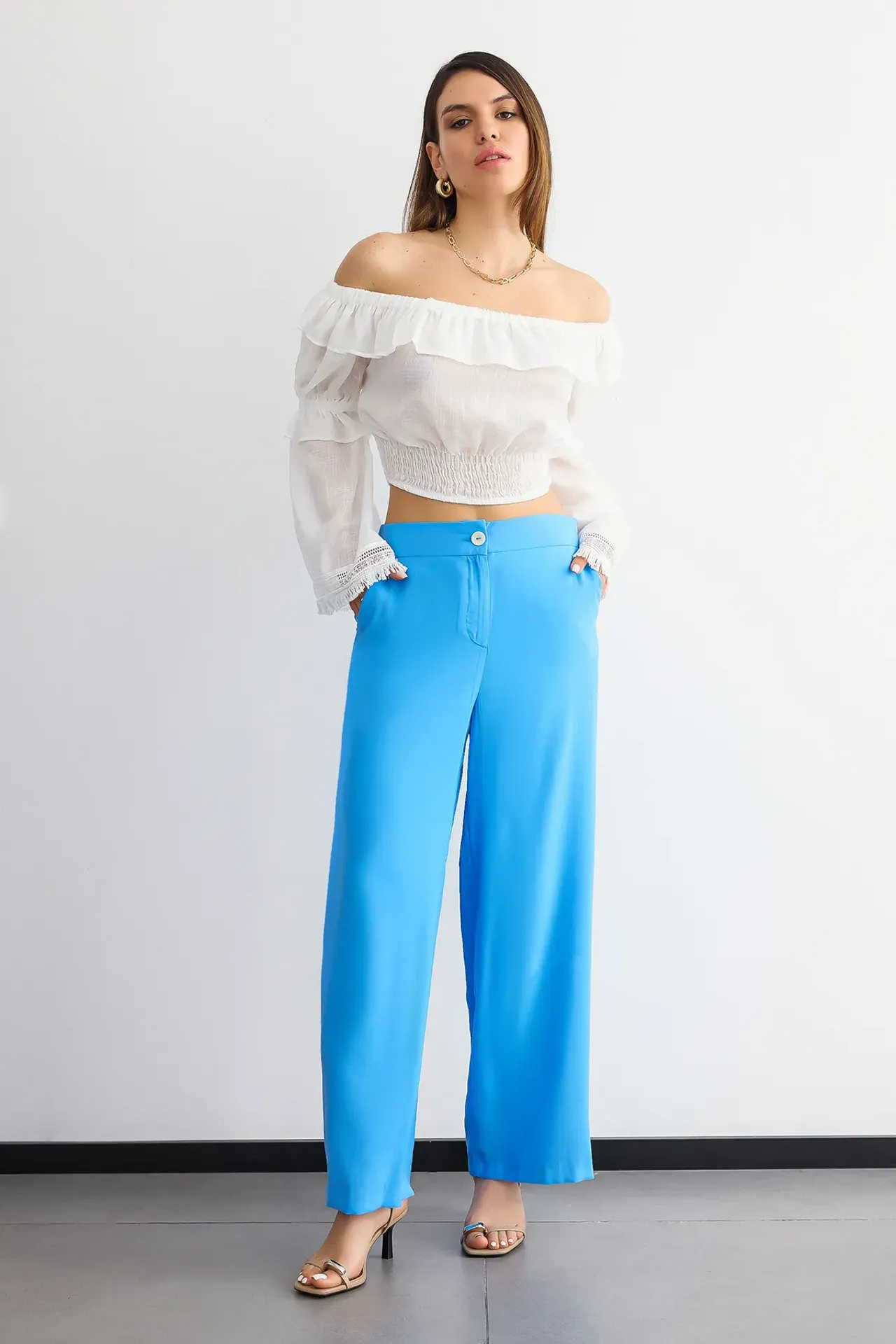 Off-Shoulder Chiffon Ruffled Cropped Blouse