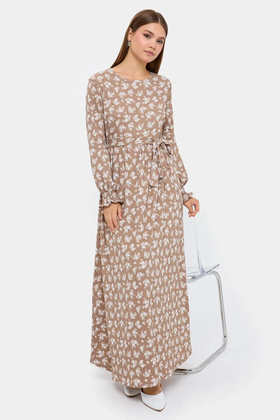 Floral Maxi Dress with Long Sleeves and Tie-Side