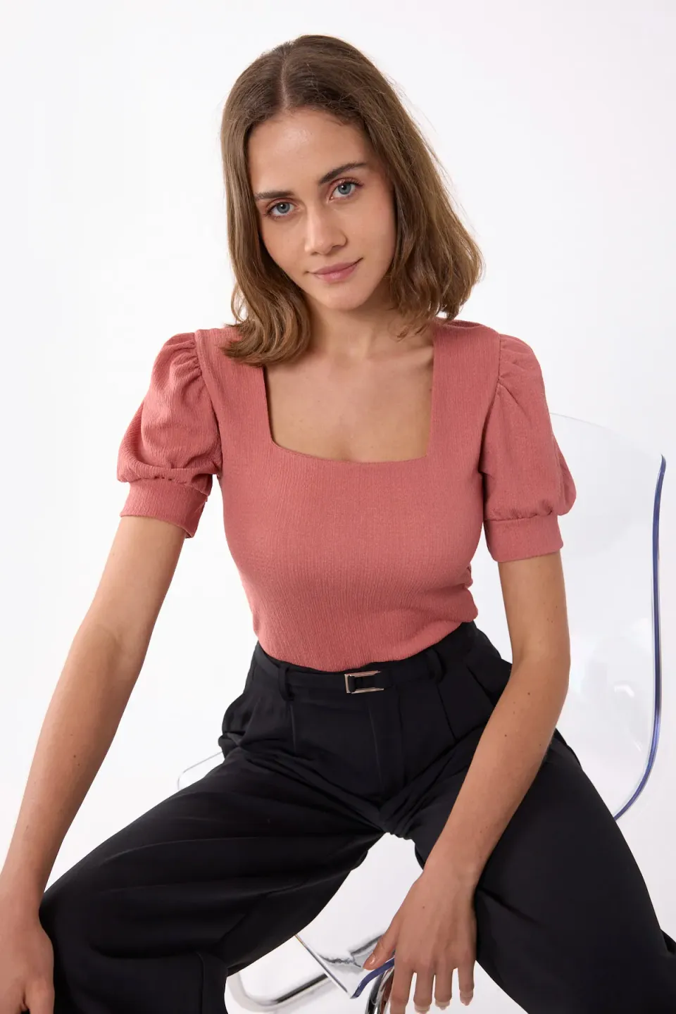 Square-Neck Woven Short-Sleeve Crop Top