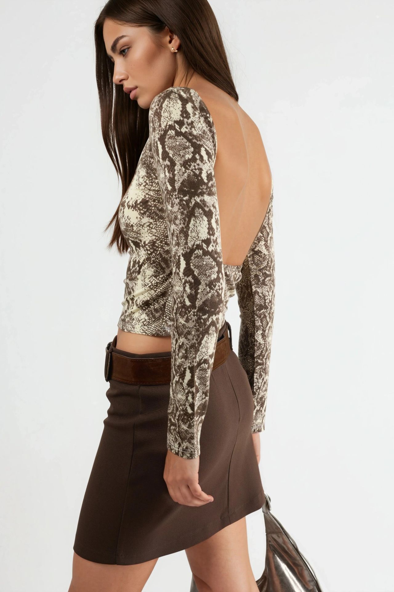 BUSEM Snake Print Boat Neck Crop Blouse 2