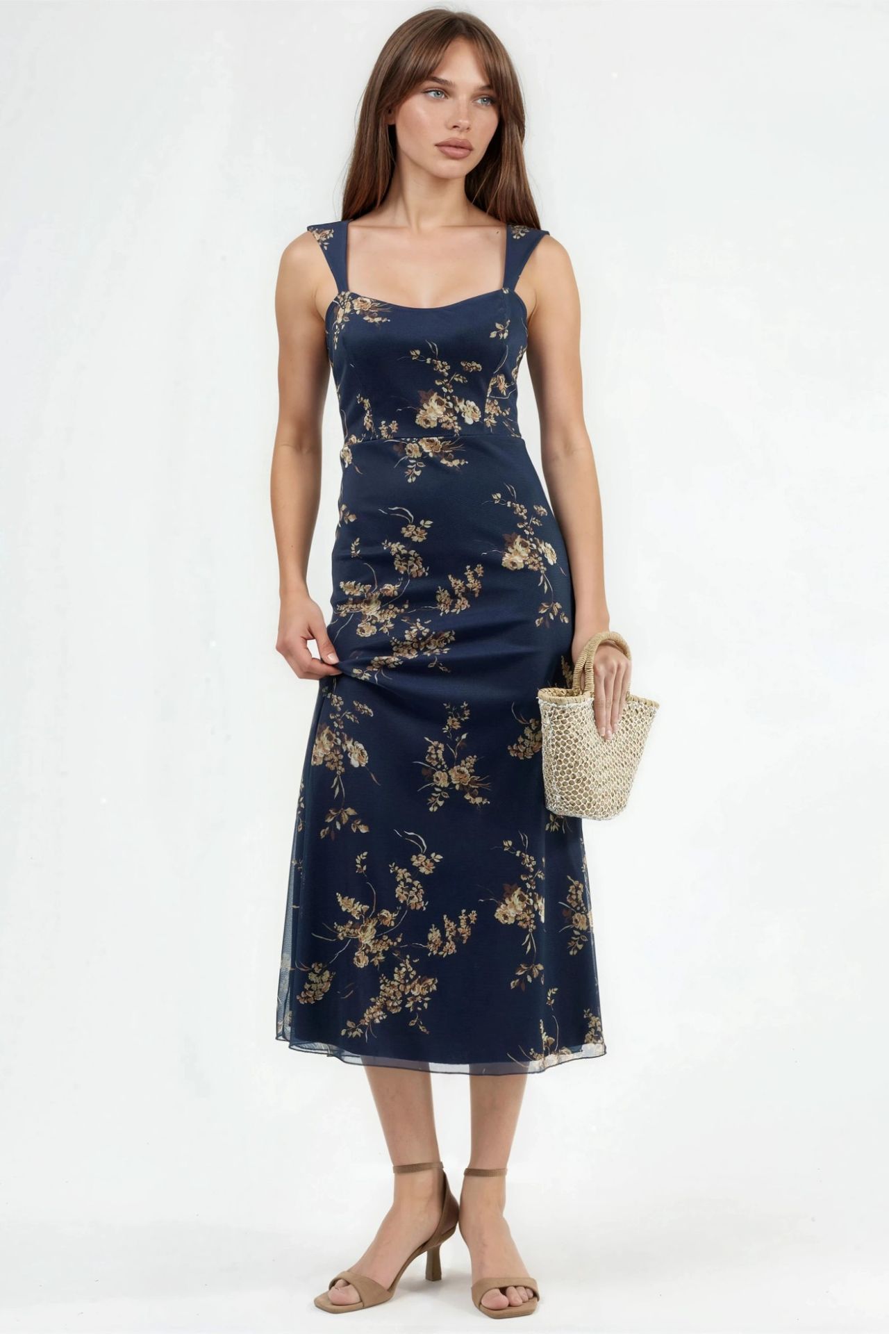 Floral Midi Dress with Heart Collar
