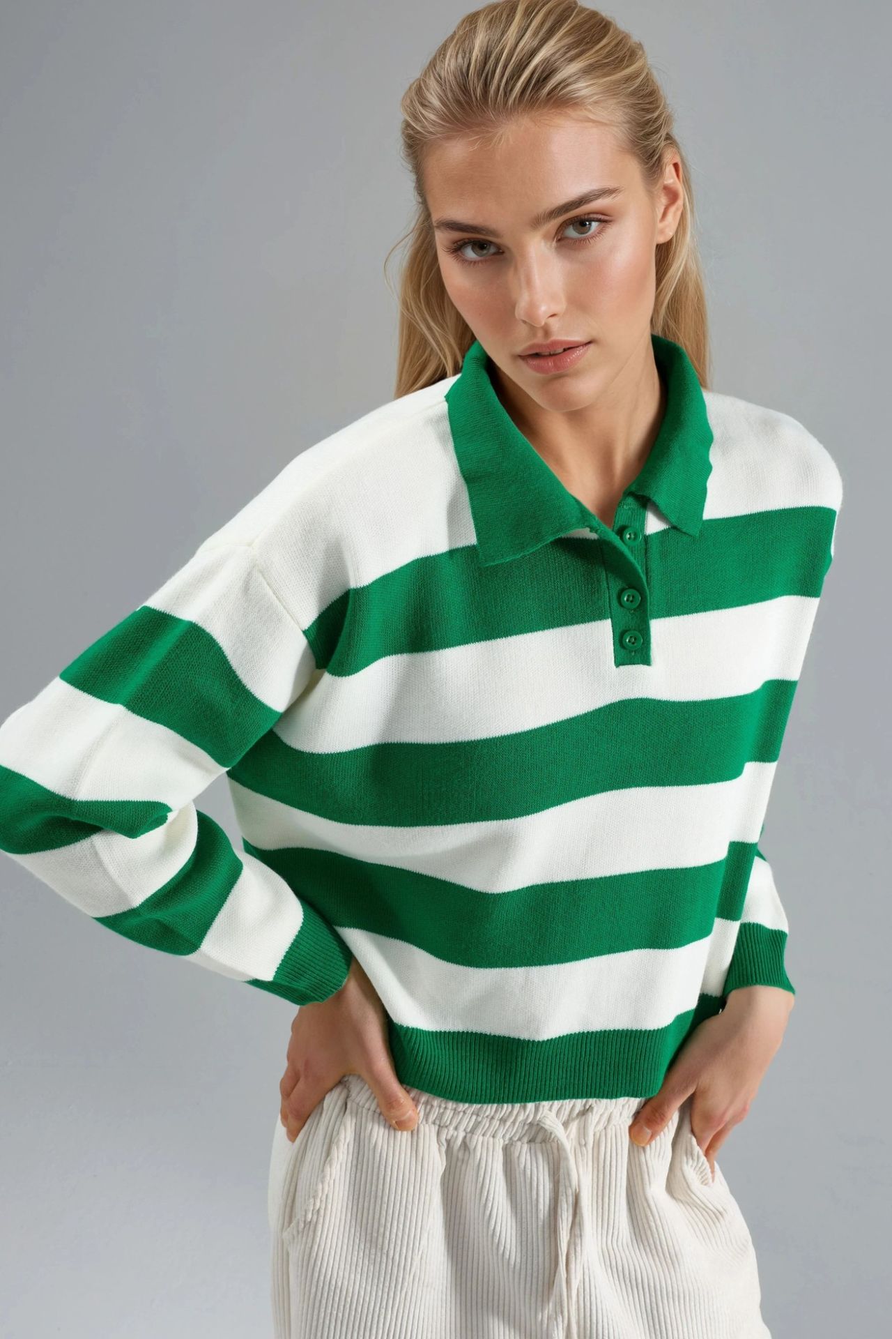 MY FASHION Striped Knit Polo Collar Sweater 4