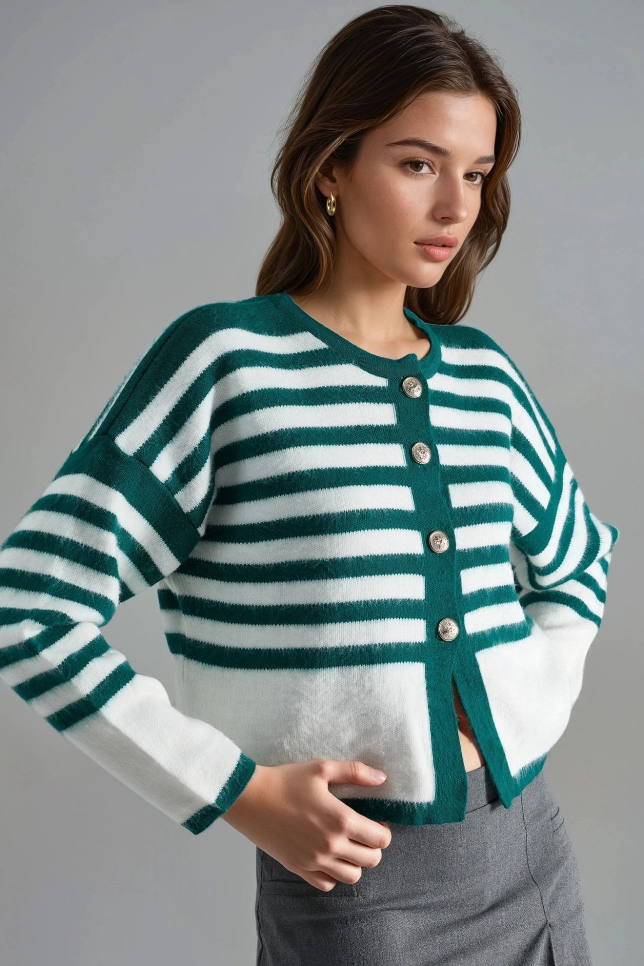 MY FASHION Striped Knit Cardigan with Button Closure 2