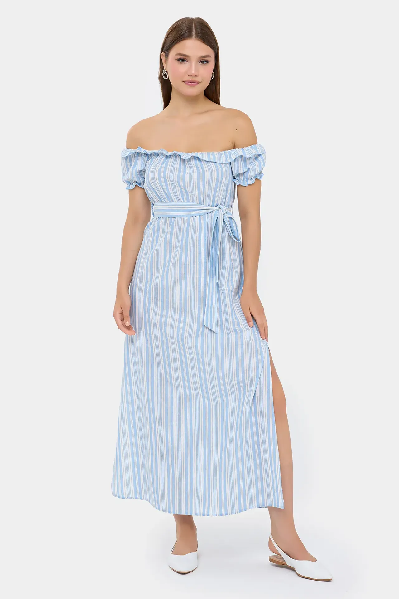 Striped Off-Shoulder Maxi Dress with Slit