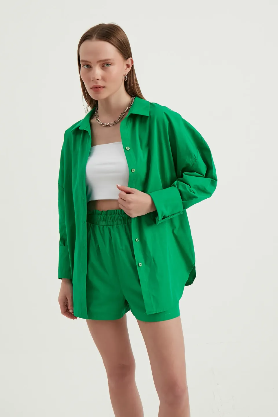 2 Pieces: Oversized Shirt & High Waist Ruched Waistband Shorts