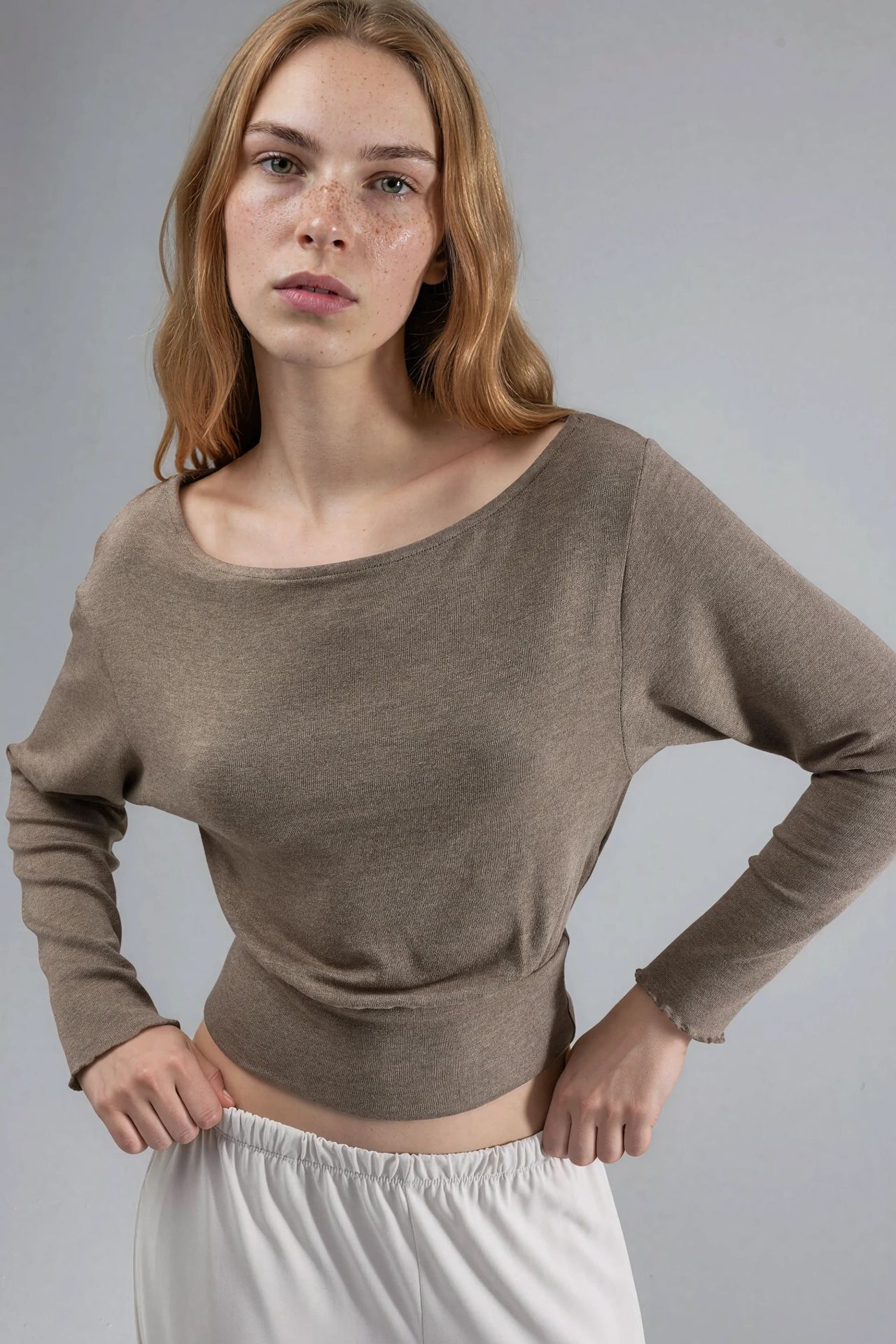 BUSEM Boat Neck Long Sleeve Elastic Blouse 1