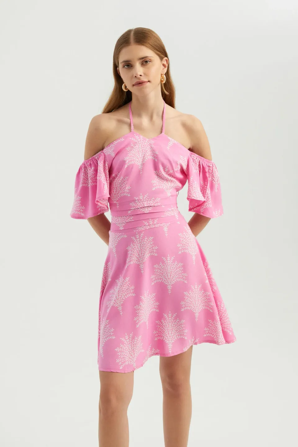 Floral Off Shoulder Halter Mini Dress