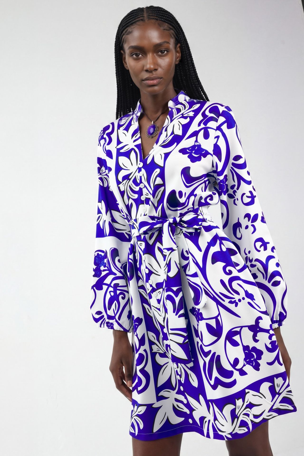 MSN Floral V-Neck Mini Shirt Dress with Belt 2