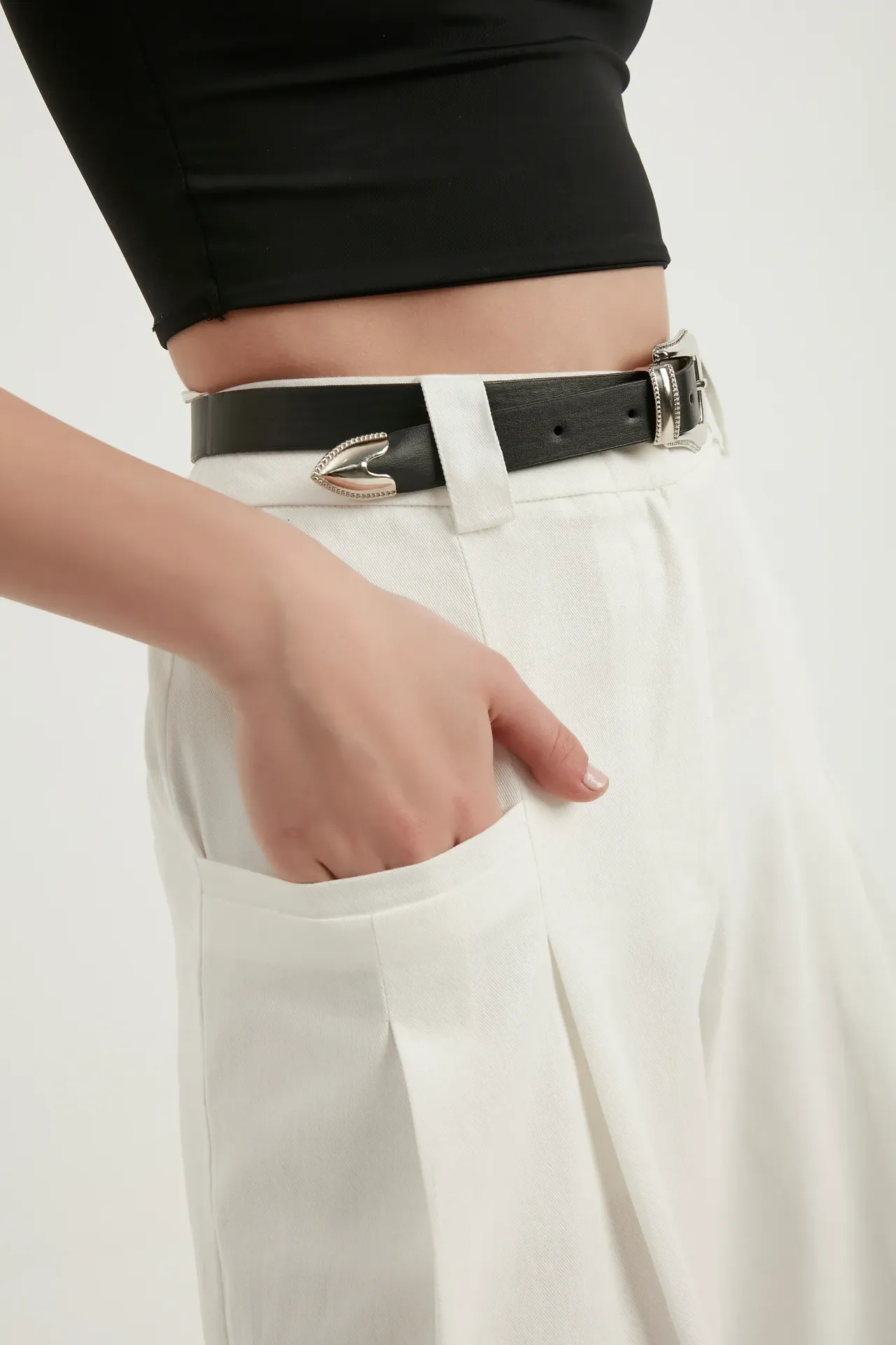 High Waist Pleated Belted Wide Leg Trousers with a Pocket Detail