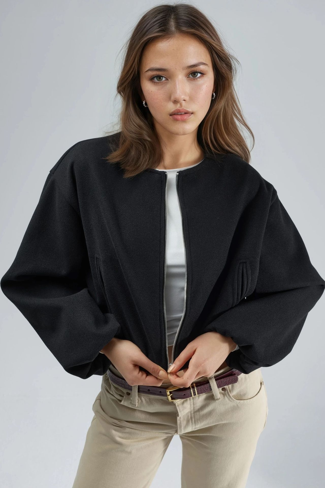 BUSEM Crop Gabardine Jacket with Zipper and Pocket