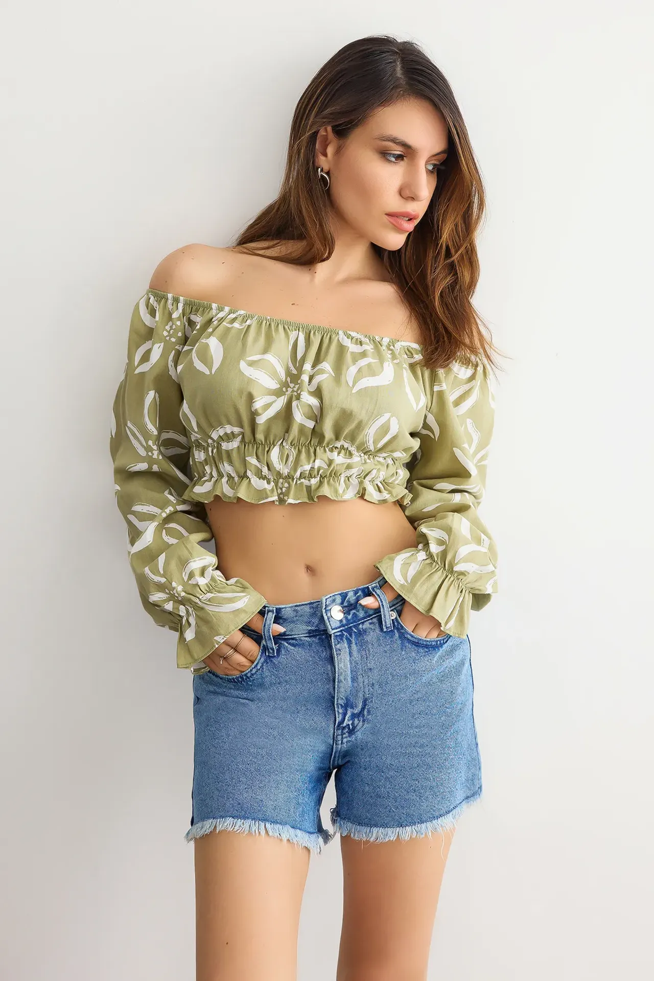 Patterned Off-Shoulder Long Sleeve Blouse with Sleeve Detail