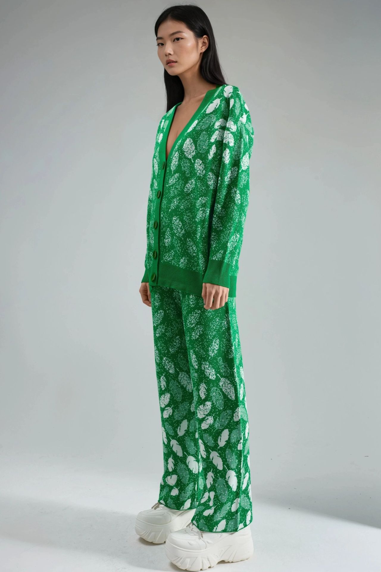 MY FASHION V-Neck Jacquard Knit Cardigan and Wide Leg Pants Set 2