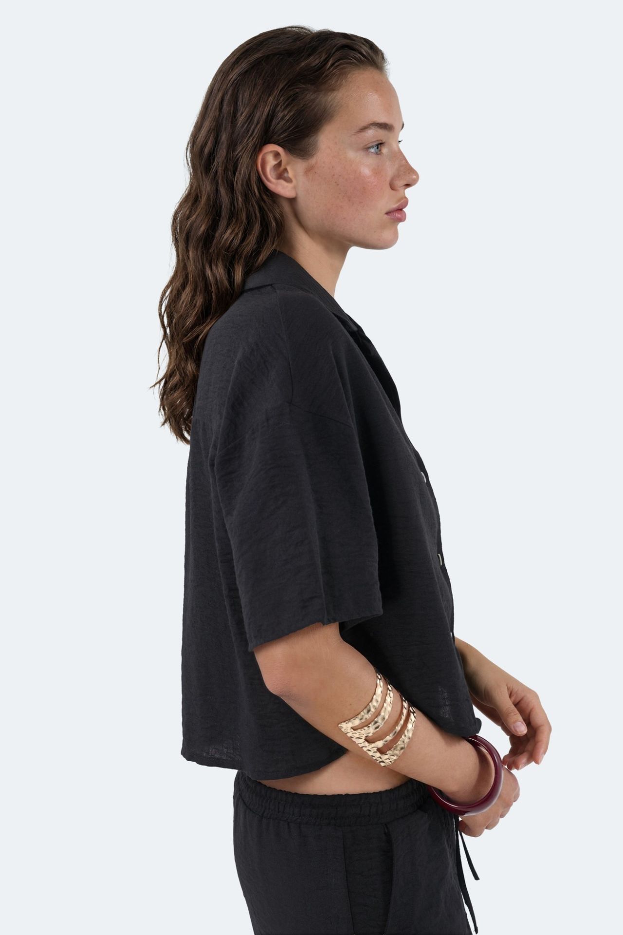 BUSEM Textured Crop Shirt with Button Closure 2