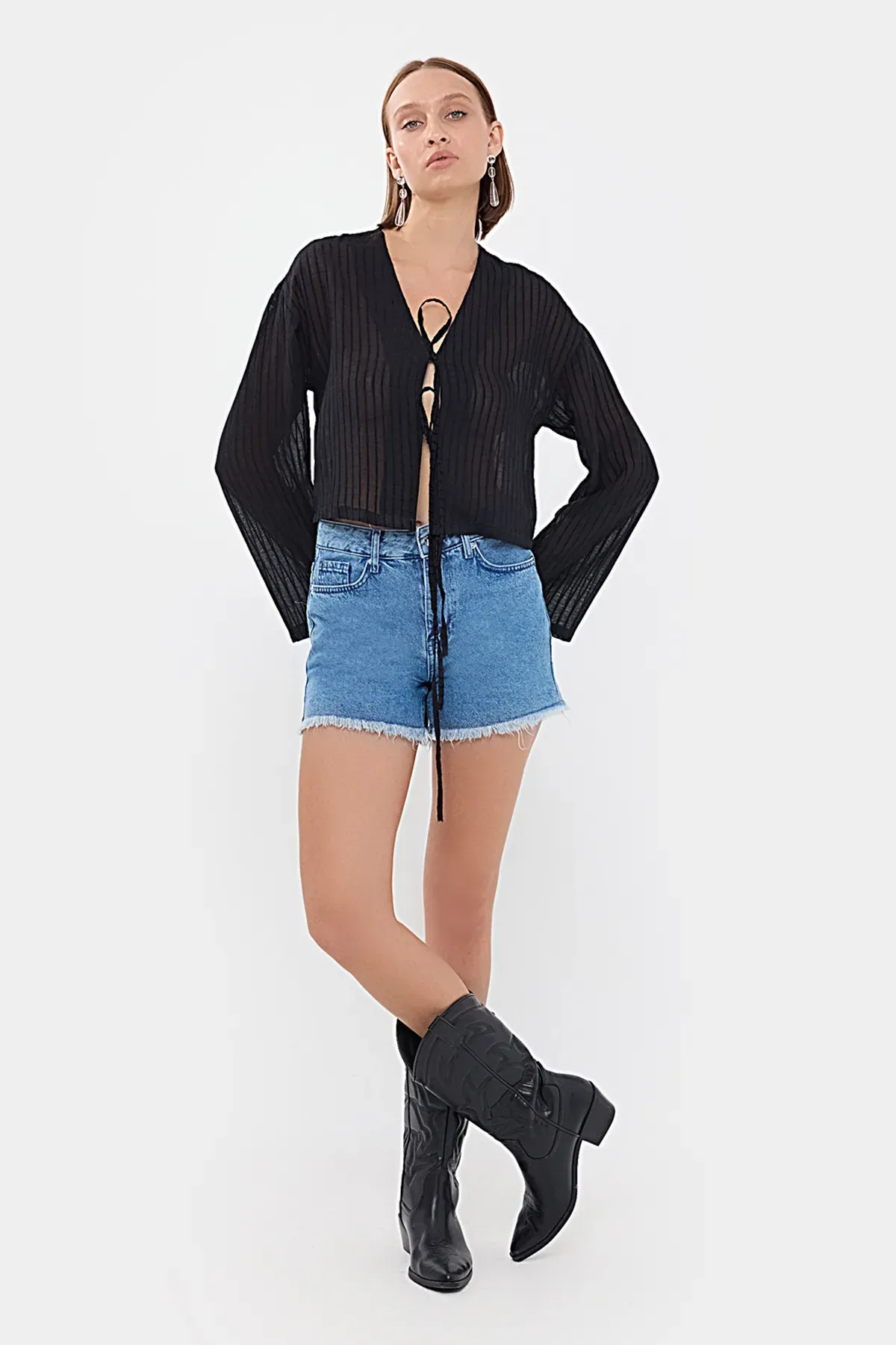 Striped Mesh V-Neck Blouse with Tie-Front 1